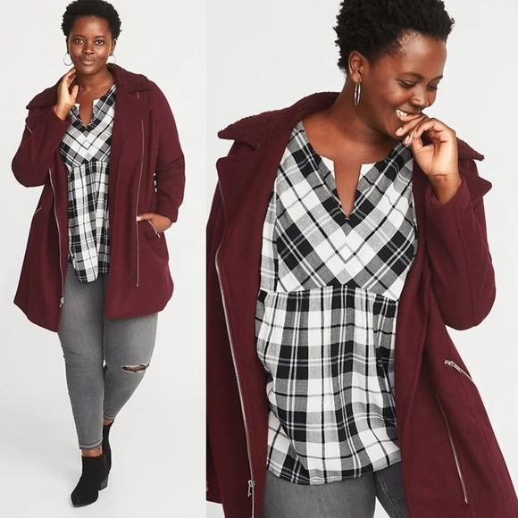 ✨NWT Old Navy Wine Red Long Brushed Felt Sherpa Collar Moto Jacket Coat Medium - Picture 9 of 12